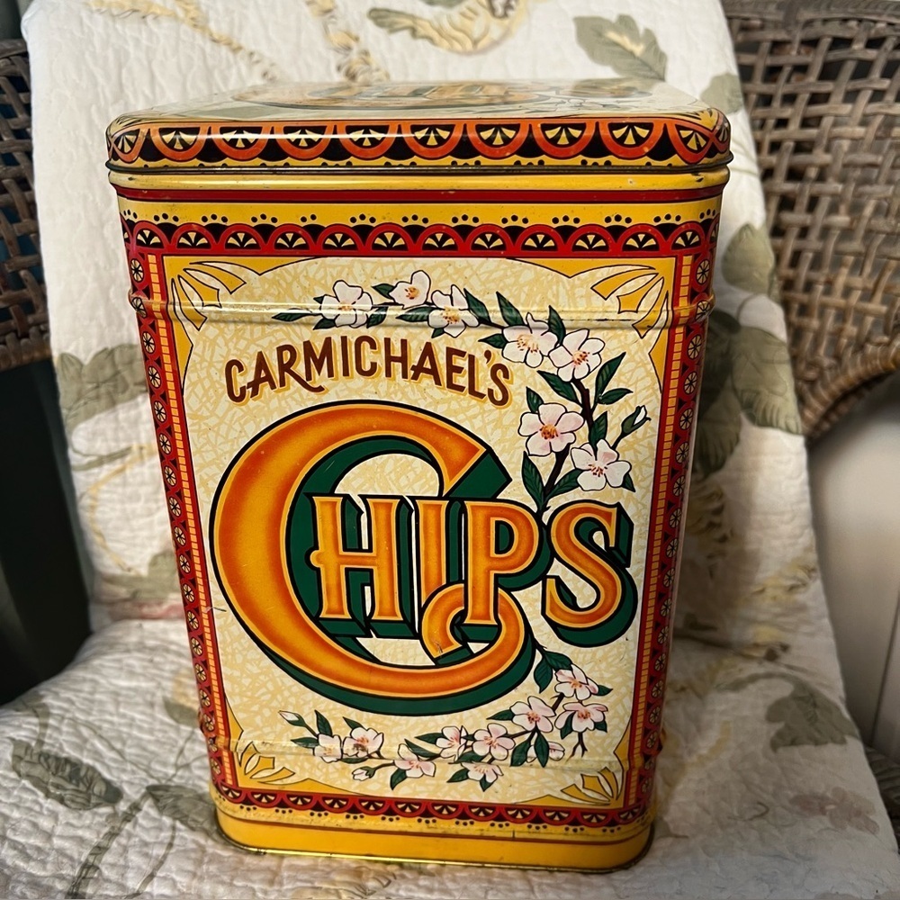 Vintage Carmichael’s Chips Tin Decorative Container With Lid